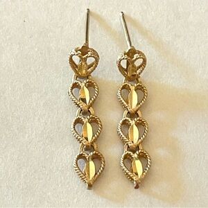 14k Yellow Gold Drop Dangle Heart Earrings Vintage Open Work Victorian Style